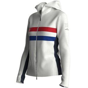 We Norwegians Womens Ski Full Zip Hoodie Wool Blend Cream Red Blue Stripes Small